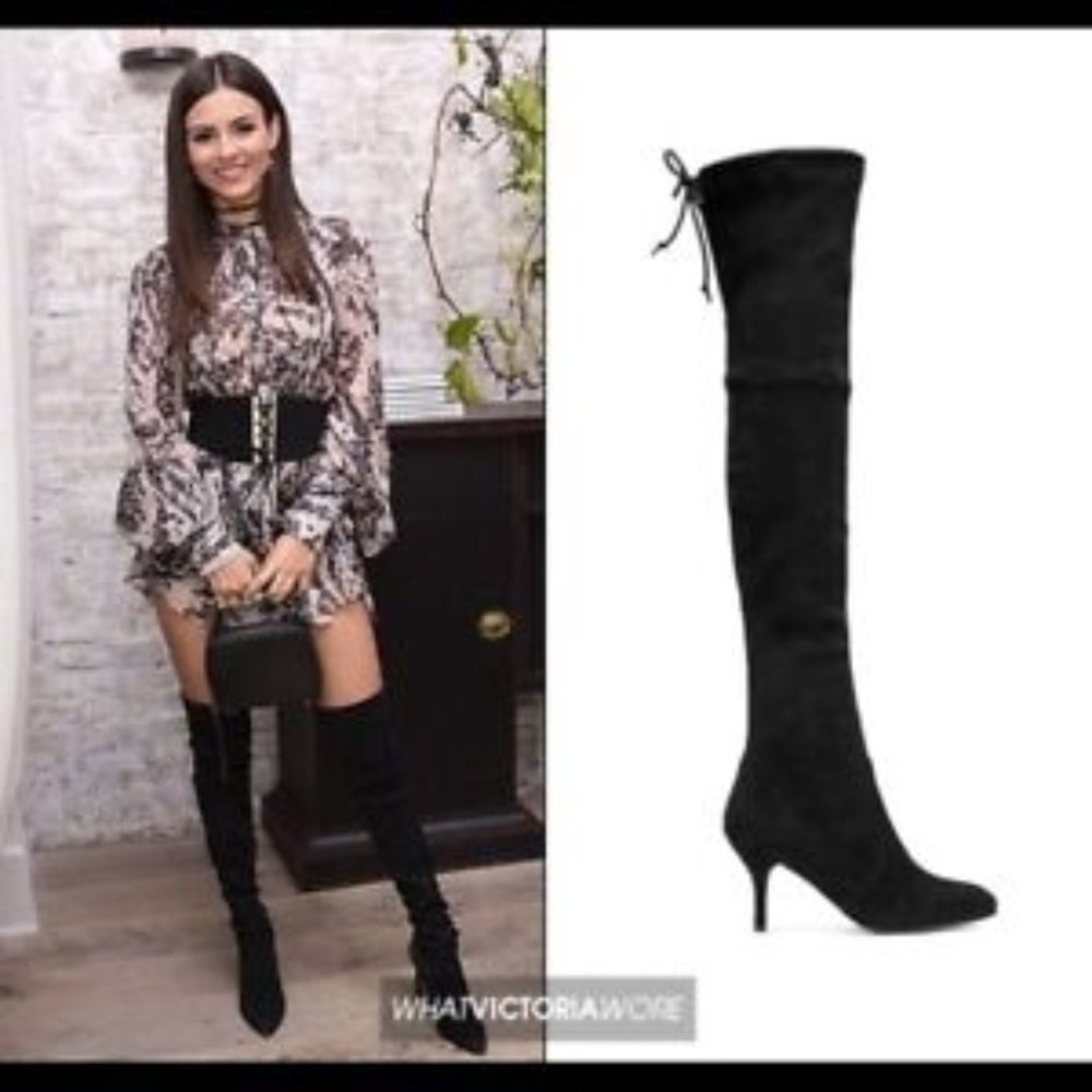 $850 STUART WEITZMAN Tiemodel Over-the-Knee Stretch Suede Boot BLACK 8 (PD15)